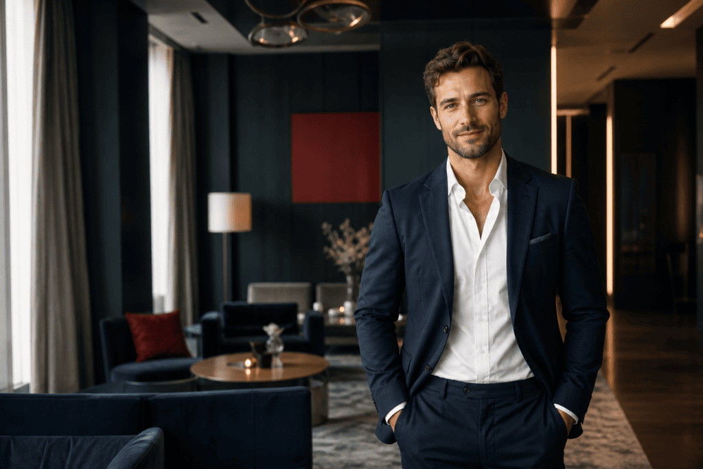 Gepflegter Callboy im eleganten Anzug in einer stilvollen Lounge