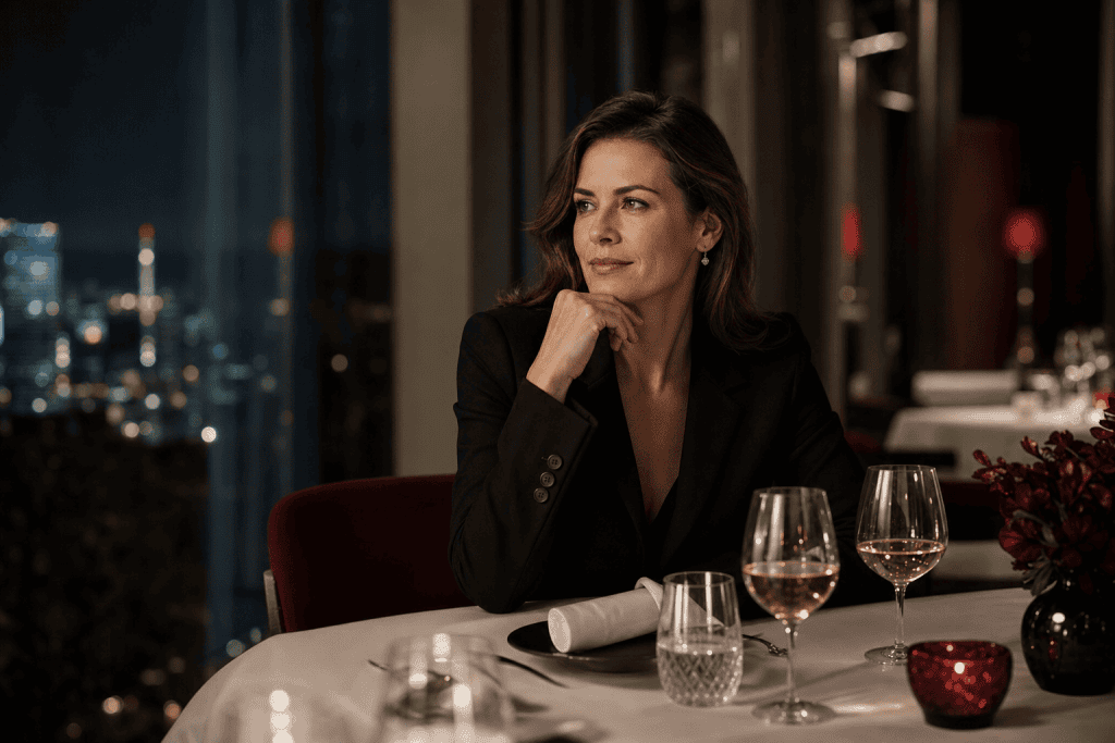 Elegante Geschäftsfrau bei einem diskreten Dinner als Bildmotiv für Annikas Callboy-Erfahrungsbericht